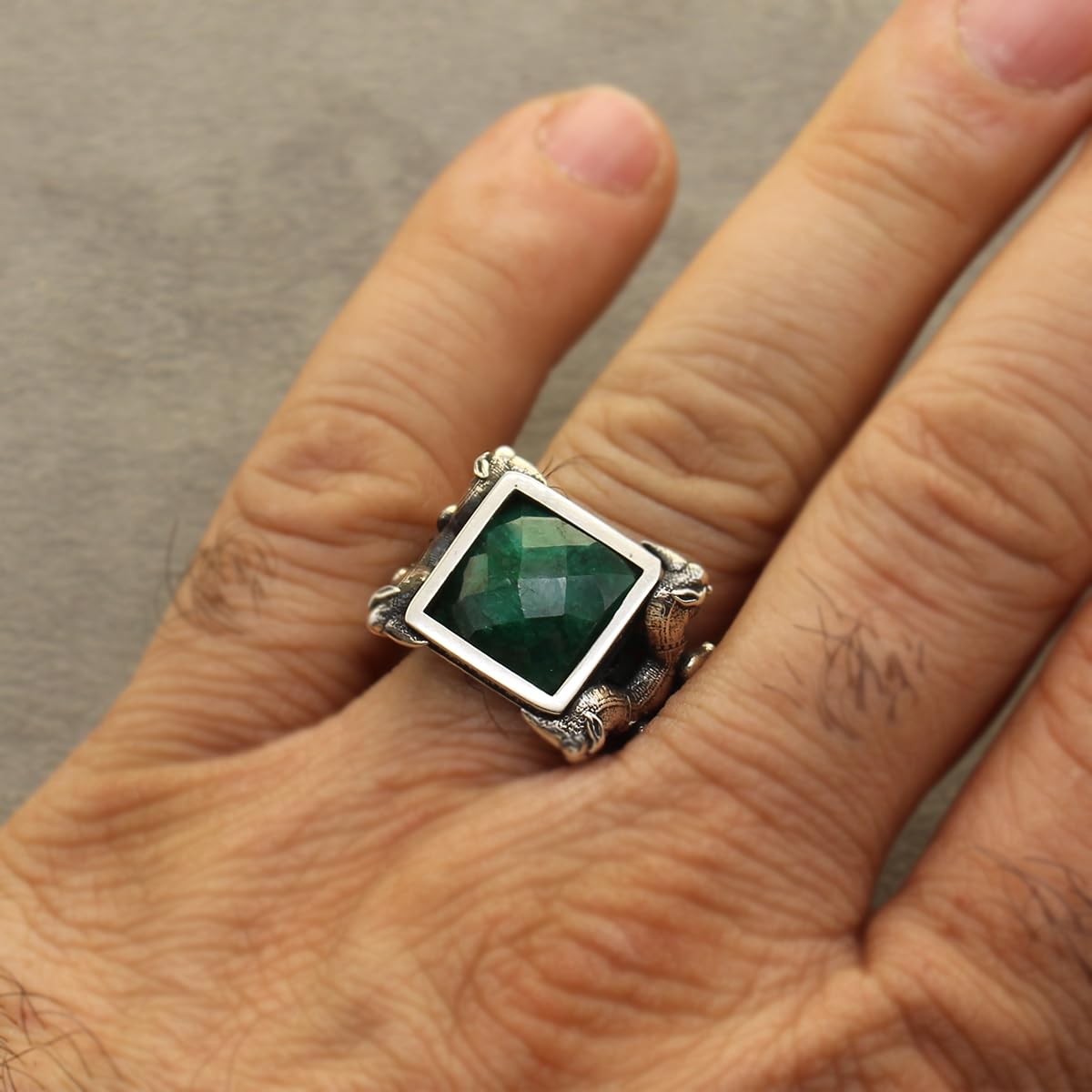 Asoodehdelan Handcrafted Sterling Silver Green Jade Perspolis Ring Size 9.5