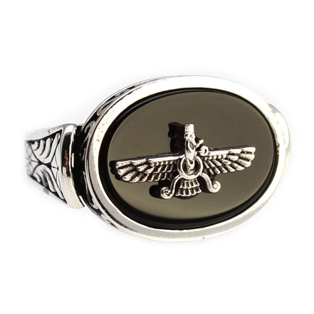Handcrafted Sterling Silver Farvahar Faravahar Onyx Persian Zoroastrian Ring Size 8.5
