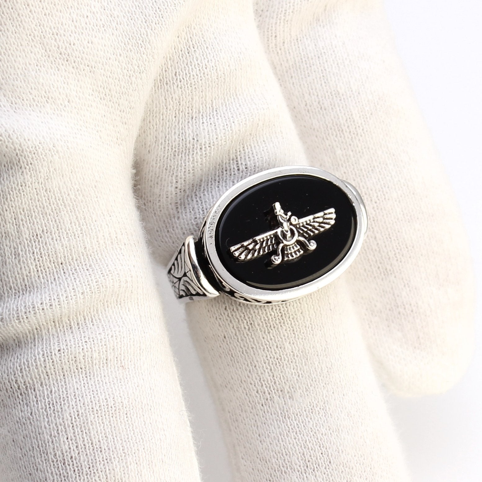 Handcrafted Sterling Silver Farvahar Faravahar Onyx Persian Zoroastrian Ring Size 8.5