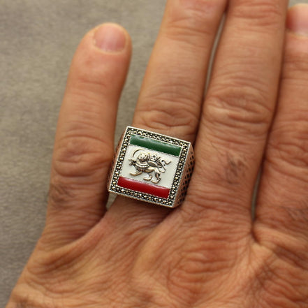 Sterling Silver Pahlavi Shir Khorshid Lion and Son Pahlavi Flag Ring Size 11.5