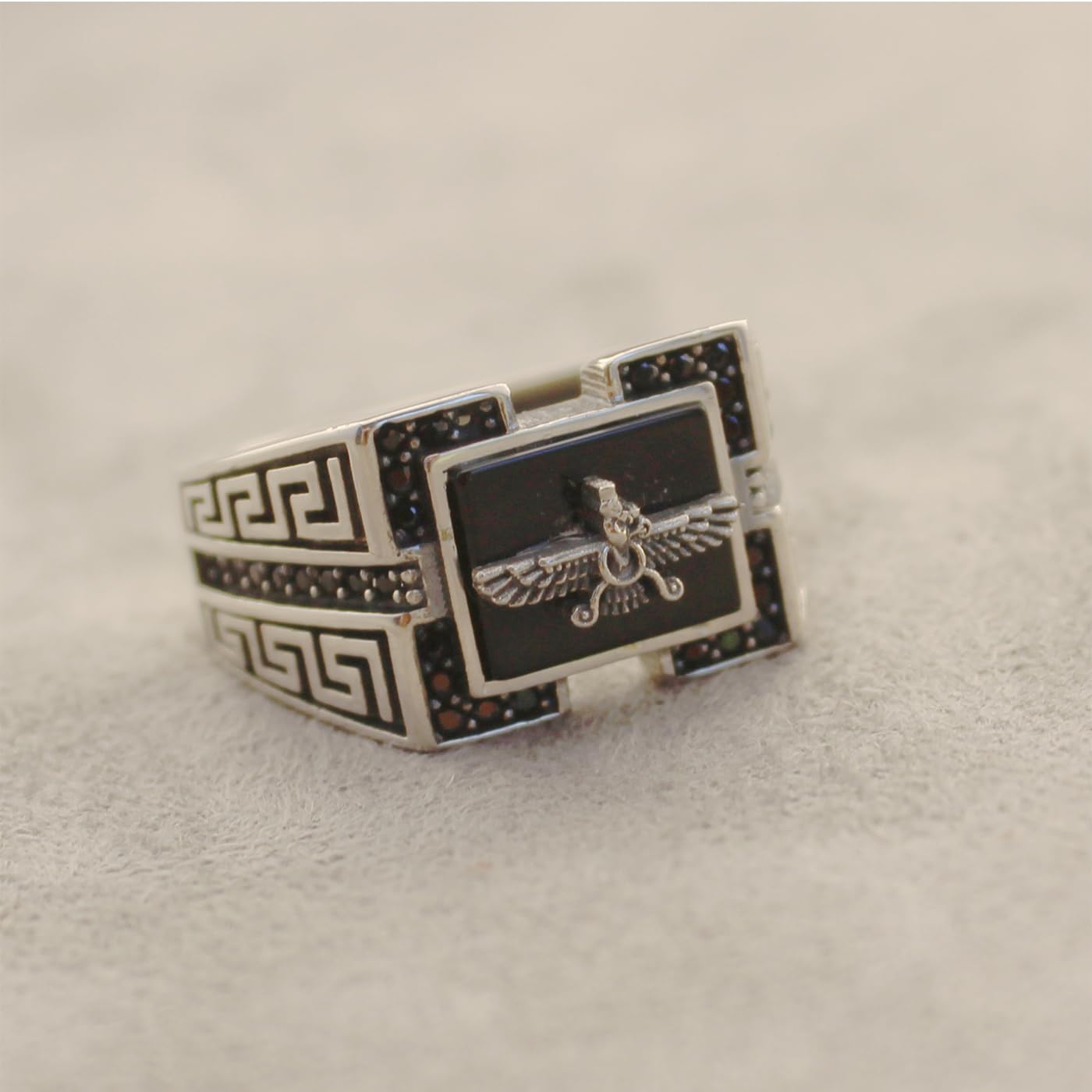 Sterling Silver Farvahar Faravahar Onyx Persian Zoroastrian Ring Size 10.5