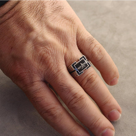 Sterling Silver Farvahar Faravahar Onyx Persian Zoroastrian Ring Size 10.5