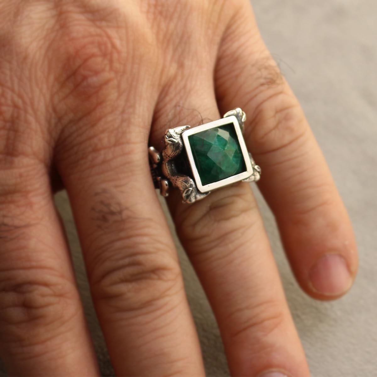 Asoodehdelan Handcrafted Sterling Silver Green Jade Perspolis Ring Size 9.5