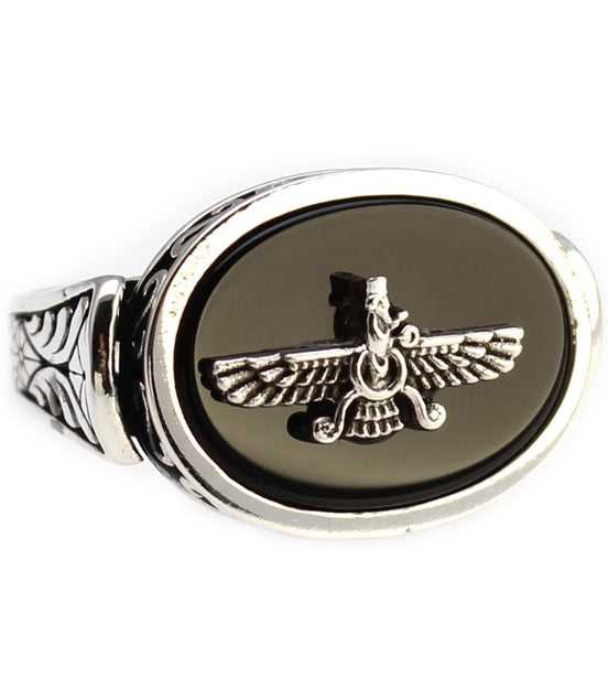 Handcrafted Sterling Silver Farvahar Faravahar Onyx Persian Zoroastrian Ring Size 8.5