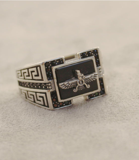 Sterling Silver Farvahar Faravahar Onyx Persian Zoroastrian Ring Size 10.5