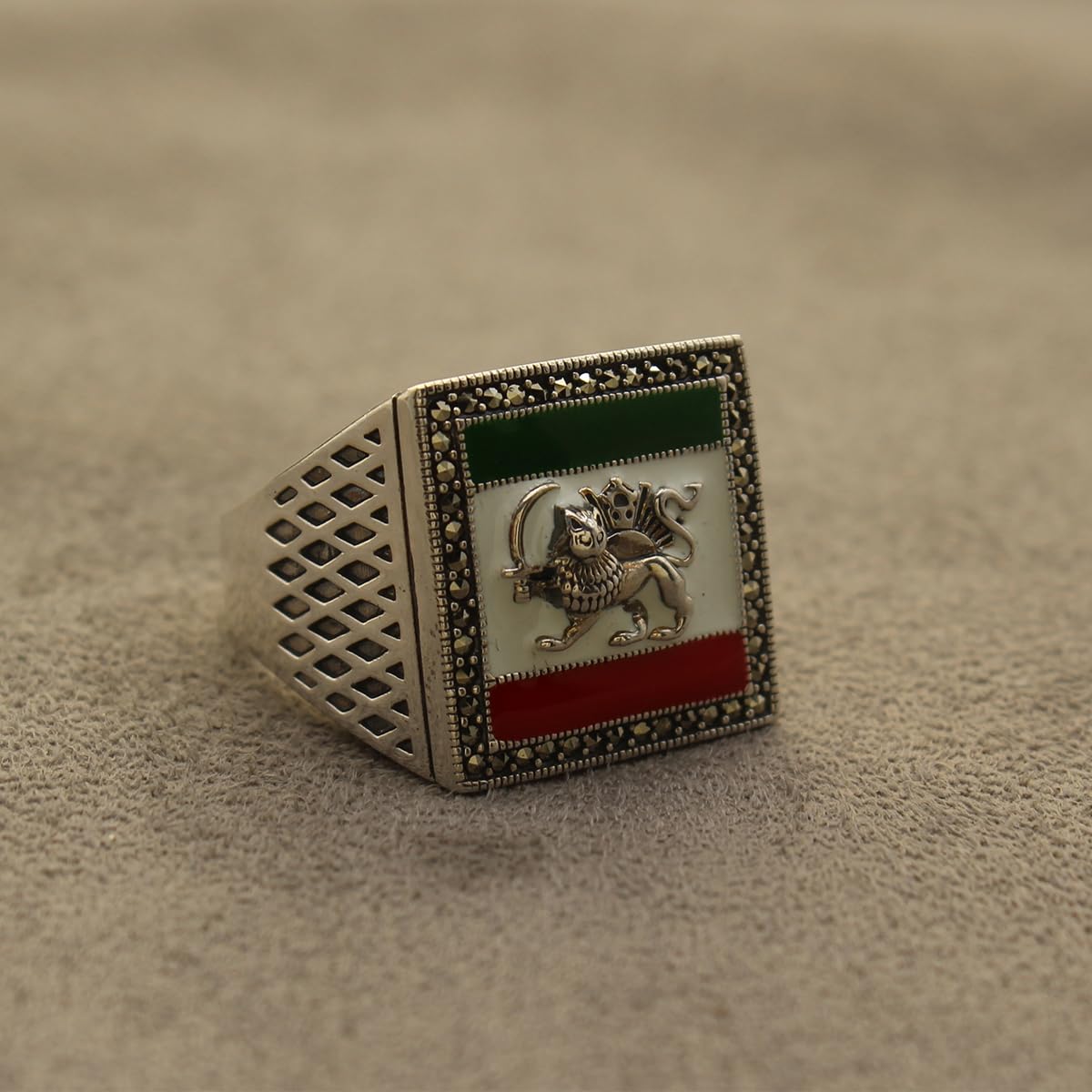 Sterling Silver Pahlavi Shir Khorshid Lion and Son Pahlavi Flag Ring Size 11.5
