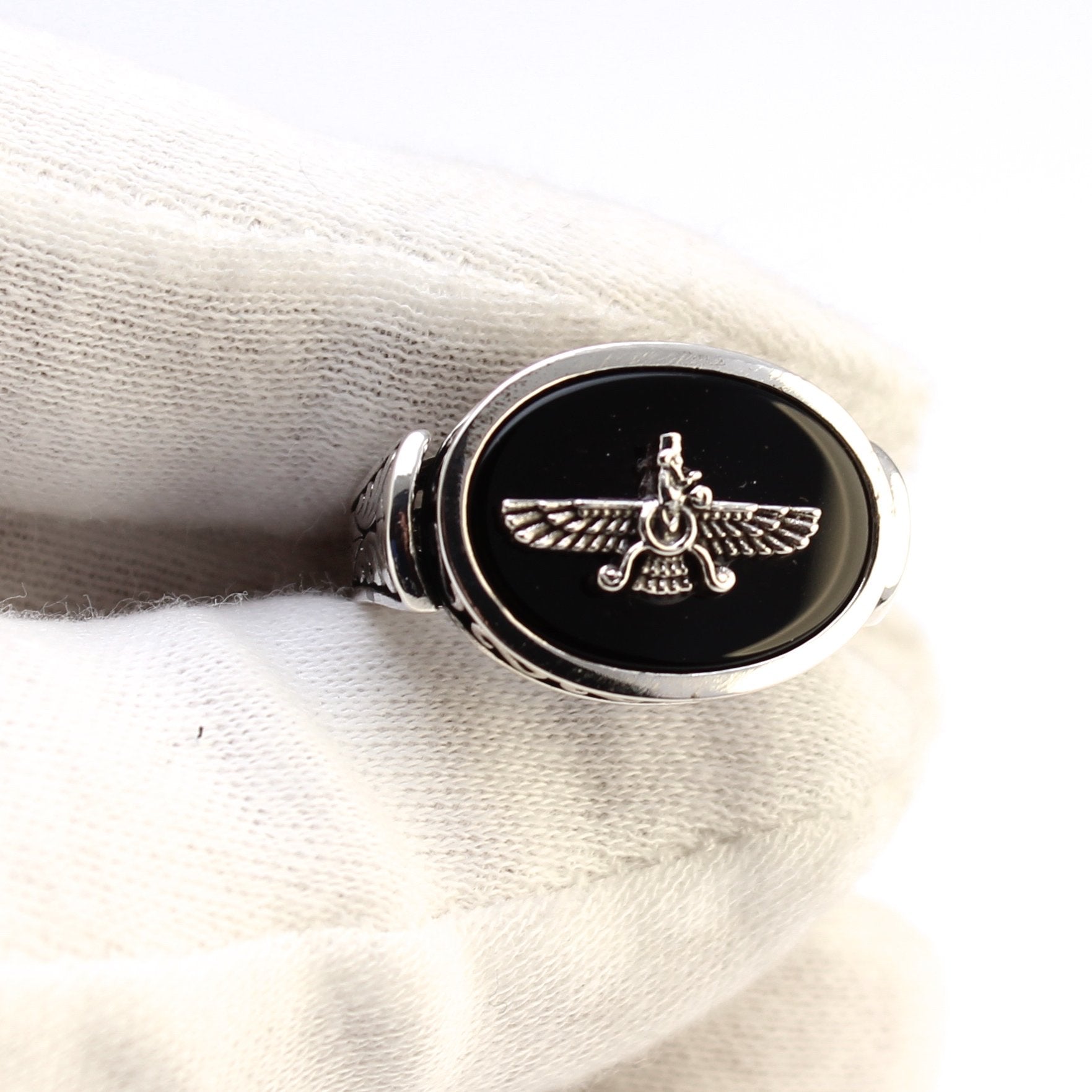 Handcrafted Sterling Silver Farvahar Faravahar Onyx Persian Zoroastrian Ring Size 8.5