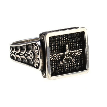 Sterling Silver Farvahar Faravahar Persian Zoroastrian Onyx Ring Size 10