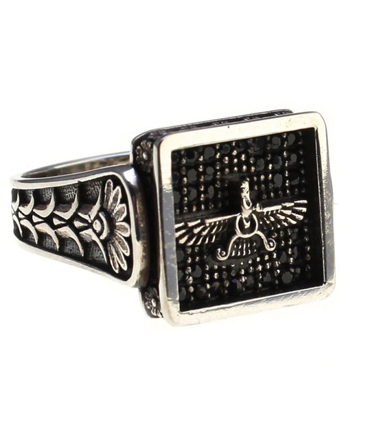 Sterling Silver Farvahar Faravahar Persian Zoroastrian Onyx Ring Size 10