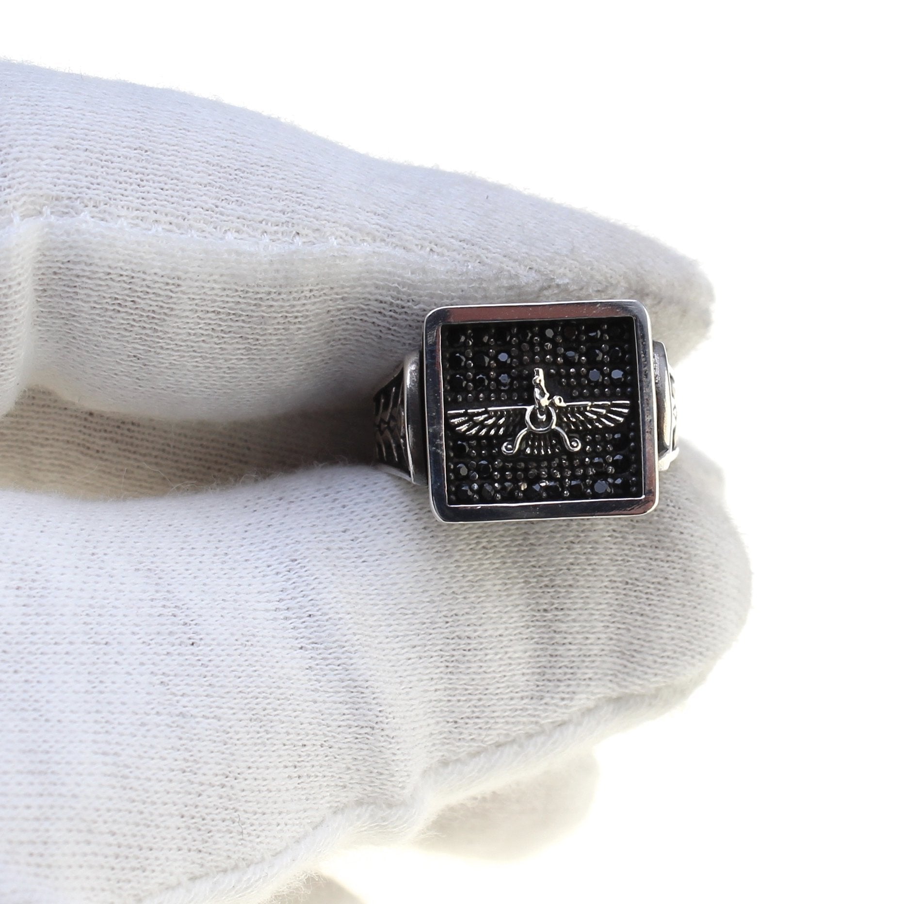 Sterling Silver Farvahar Faravahar Persian Zoroastrian Onyx Ring Size 10