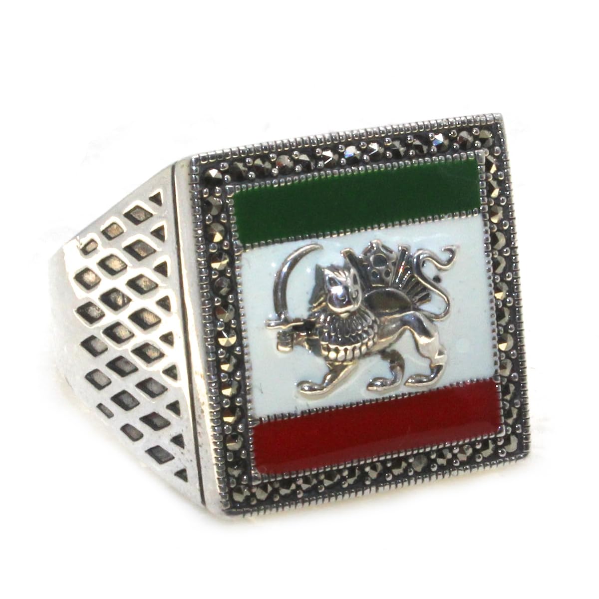 Sterling Silver Pahlavi Shir Khorshid Lion and Son Pahlavi Flag Ring Size 11.5