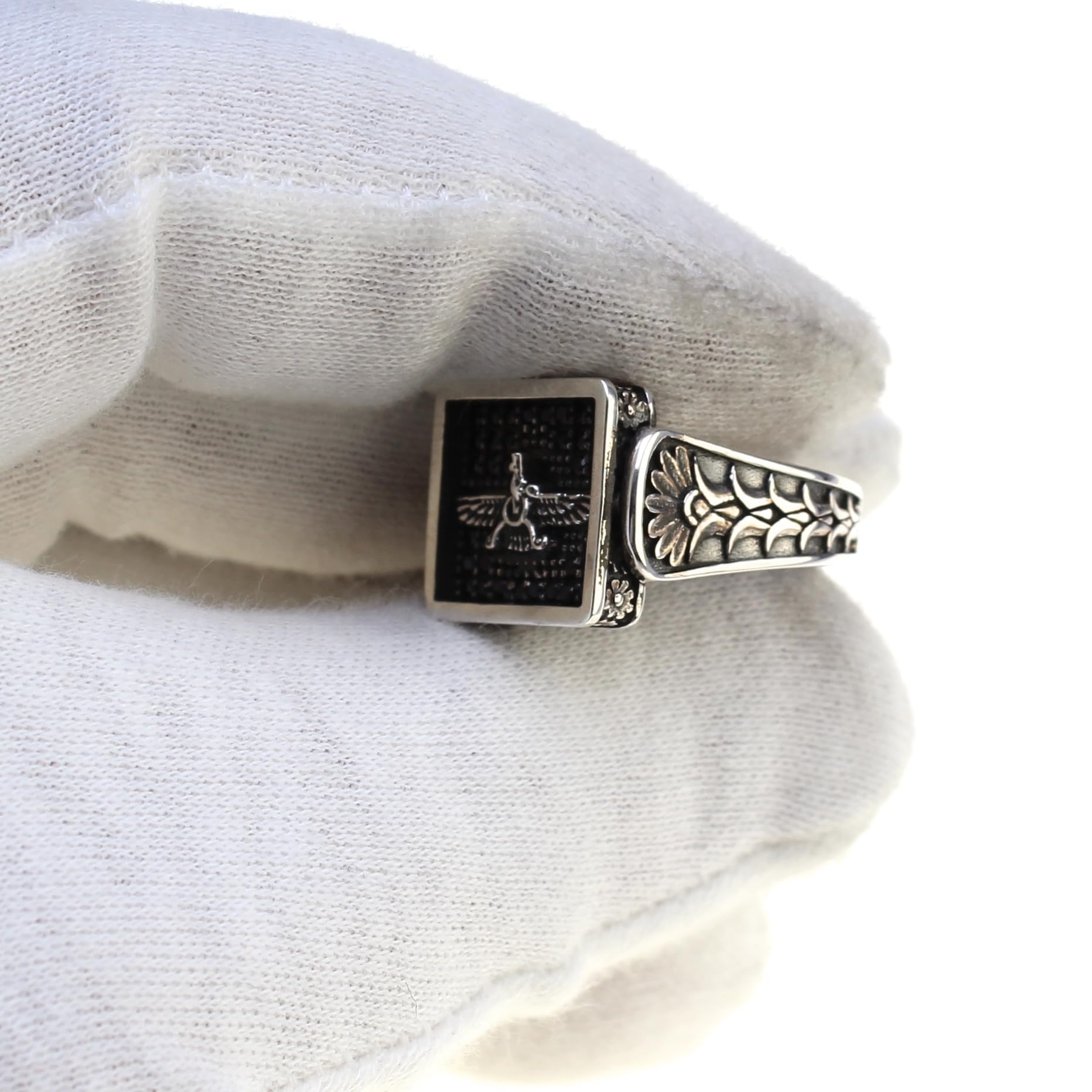 Sterling Silver Farvahar Faravahar Persian Zoroastrian Onyx Ring Size 10