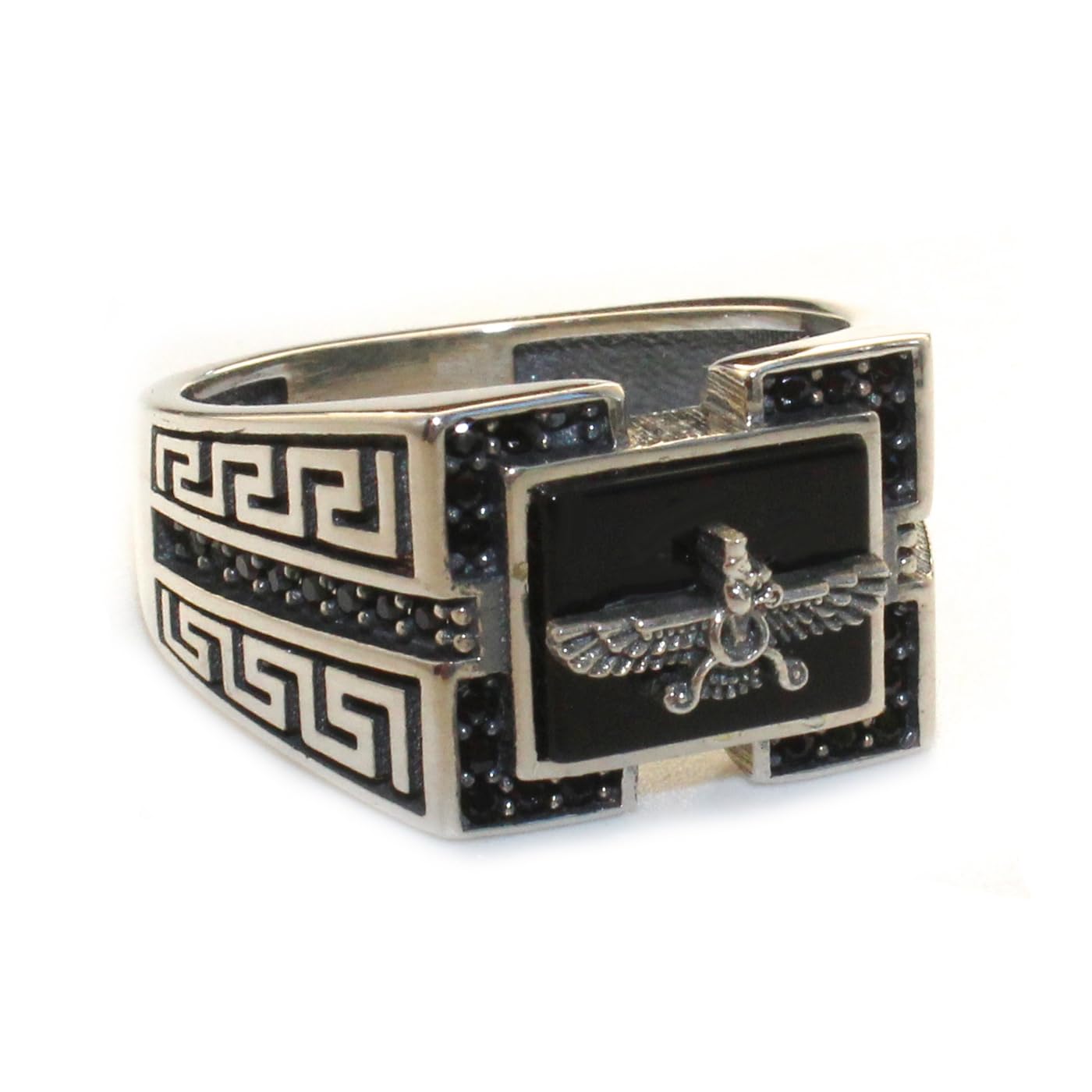 Sterling Silver Farvahar Faravahar Onyx Persian Zoroastrian Ring Size 10.5