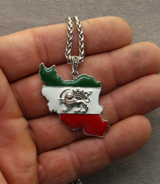 Sterling Shir khorshid Iran Map Flag Necklace Pendant Gift