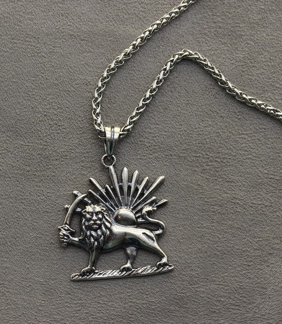 Sterling Silver Lion Sun Shir Khorshid Persian Pahlavi Necklace Pendant Chain