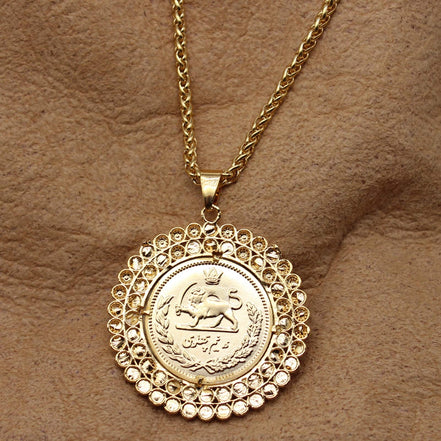 Gold Pt Persian Pahlavi Lion Sun Shir Khorshid Necklace Gift