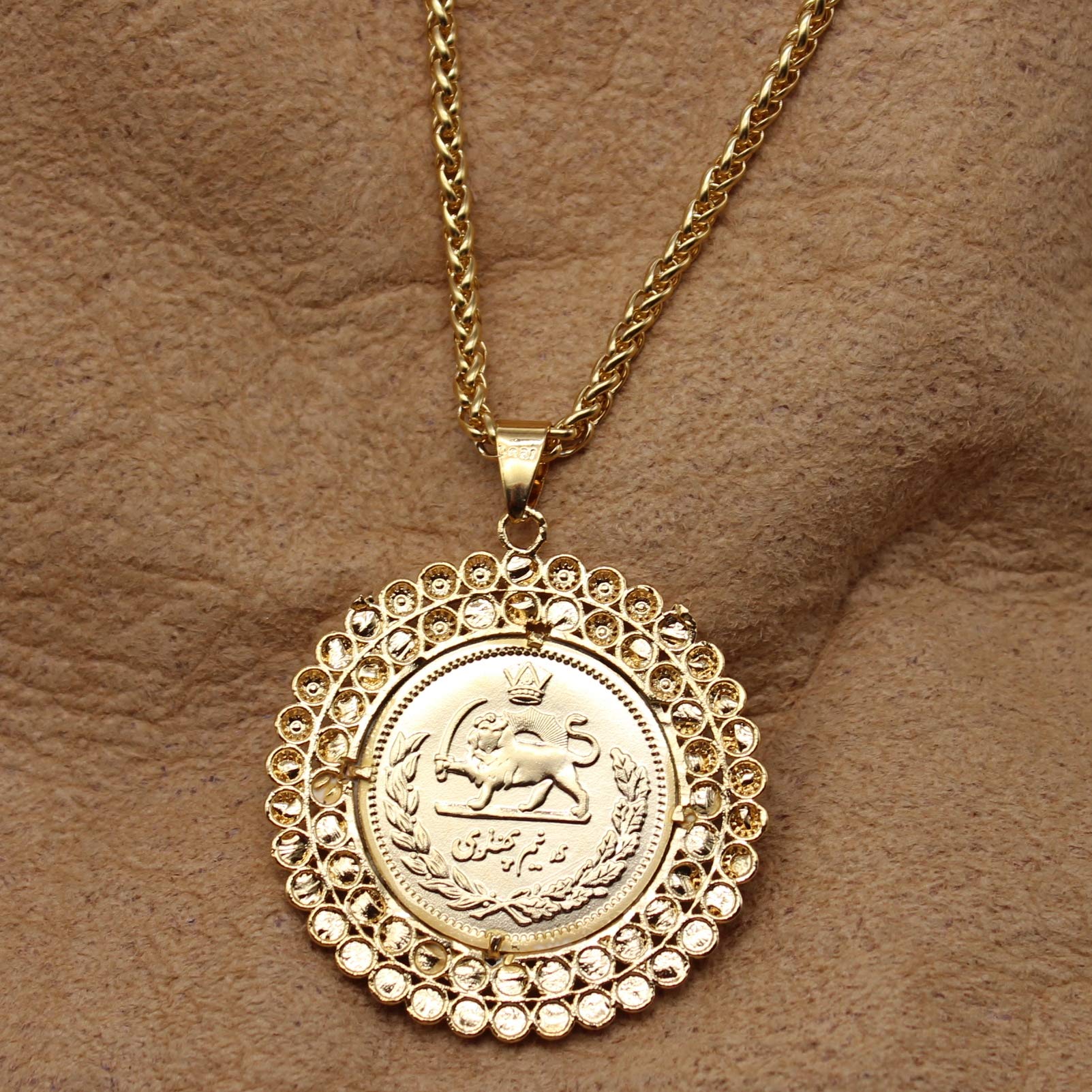 Gold Pt Persian Pahlavi Lion Sun Shir Khorshid Necklace Gift