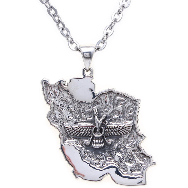 Sterling Silver 925 Map Flag Farvahar Persia Farsi Parsi Necklace Art Persian Gift