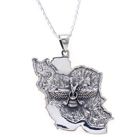 Sterling Silver 925 Map Flag Farvahar Persia Farsi Parsi Necklace Art Persian Gift