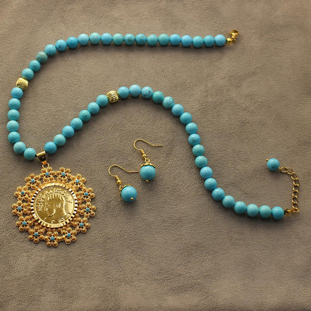 Iranian Turquoise Pahlavi Kingdom Medallion Coin Necklace Earrings