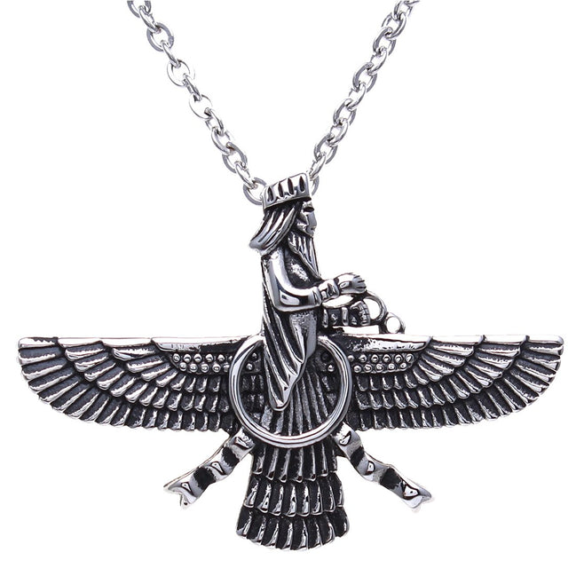 Iranian Large Silver Pt Stainless Steel Farvahar Necklace Faravahar Persian Necklace
