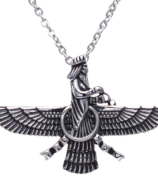 Iranian Large Silver Pt Stainless Steel Farvahar Necklace Faravahar Persian Necklace