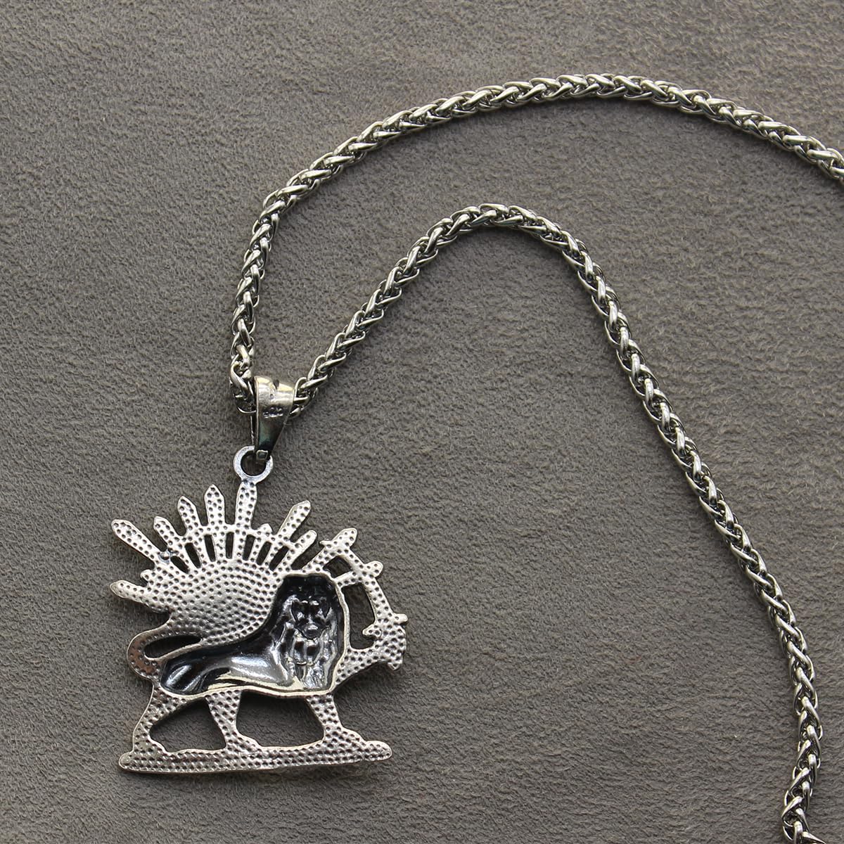 Sterling Silver Lion Sun Shir Khorshid Persian Pahlavi Necklace Pendant Chain