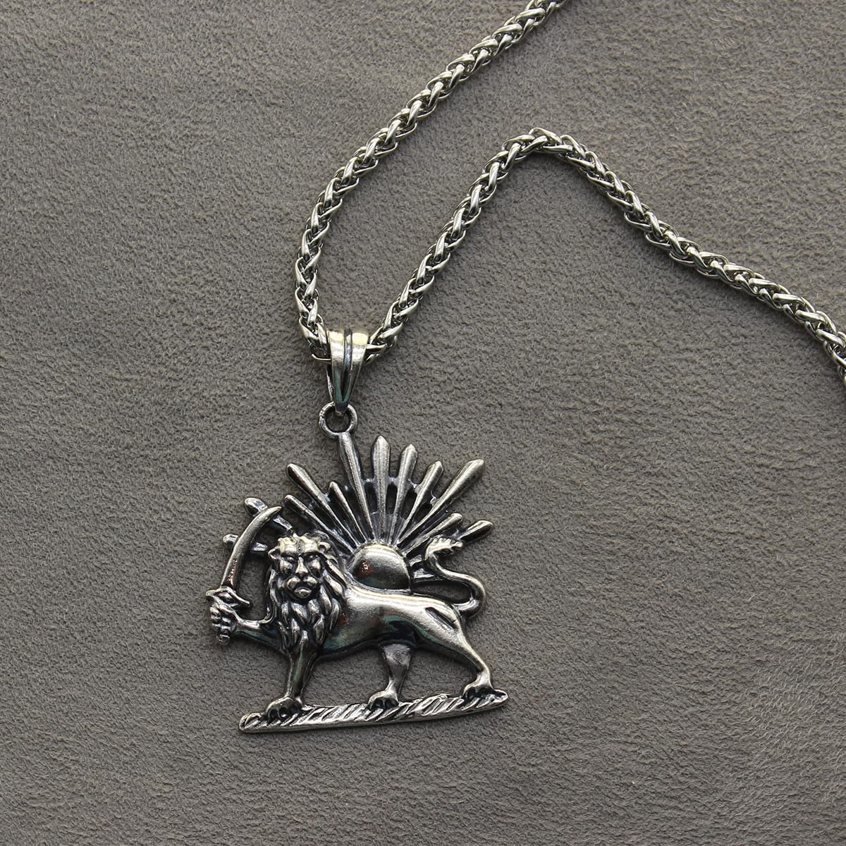 Sterling Silver Lion Sun Shir Khorshid Persian Pahlavi Necklace Pendant Chain