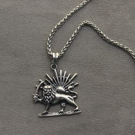 Sterling Silver Lion Sun Shir Khorshid Persian Pahlavi Necklace Pendant Chain