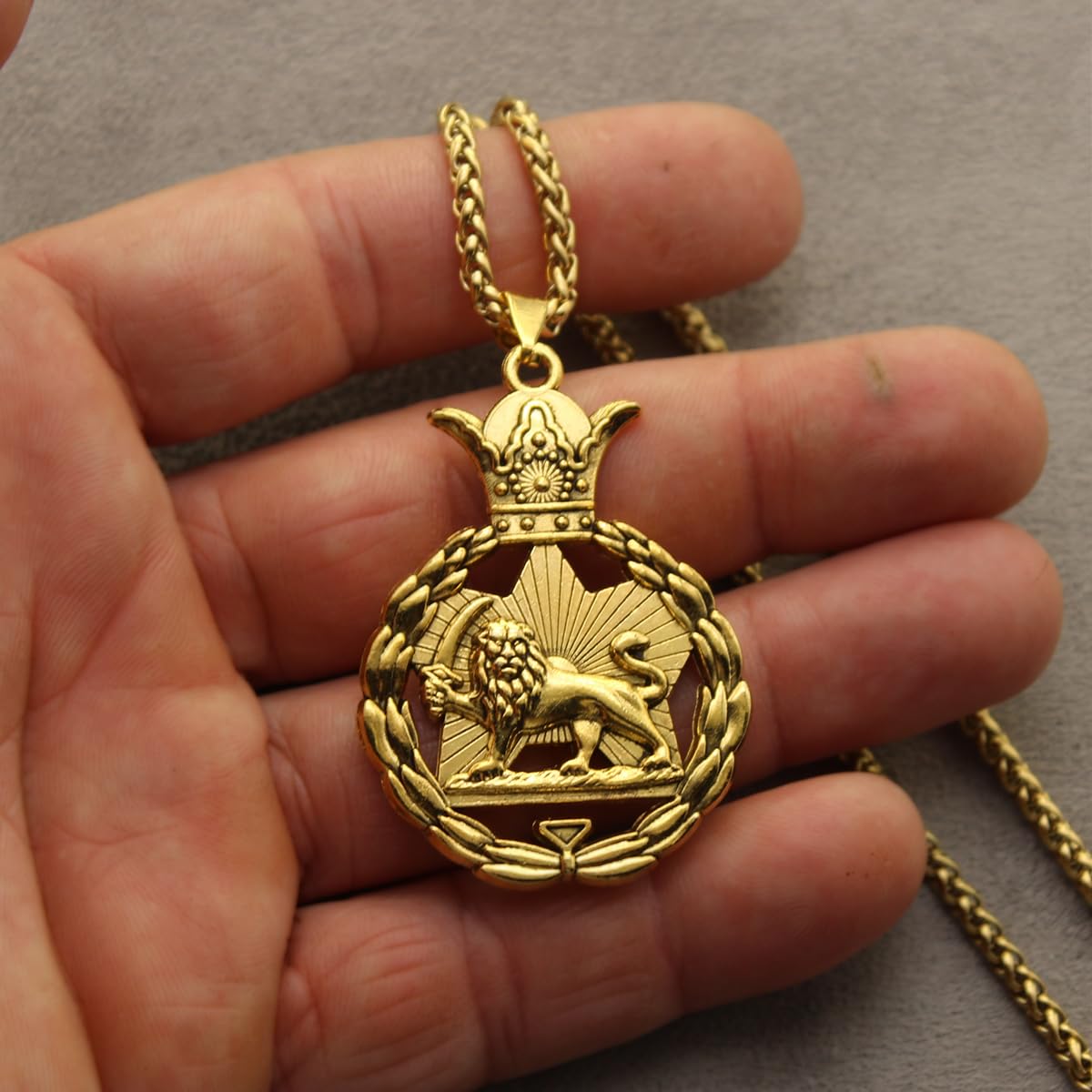 Iranian Persian Pahlavi Lion Sun Shir Khorshid Crown Necklace