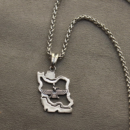 Sterling Silver Farvahar Persian Map Pahlavi Necklace Pendant Gift