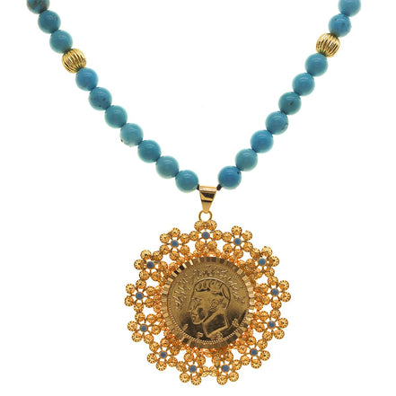 Iranian Turquoise Pahlavi Kingdom Medallion Coin Necklace Earrings
