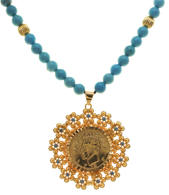 Iranian Turquoise Pahlavi Kingdom Medallion Coin Necklace Earrings