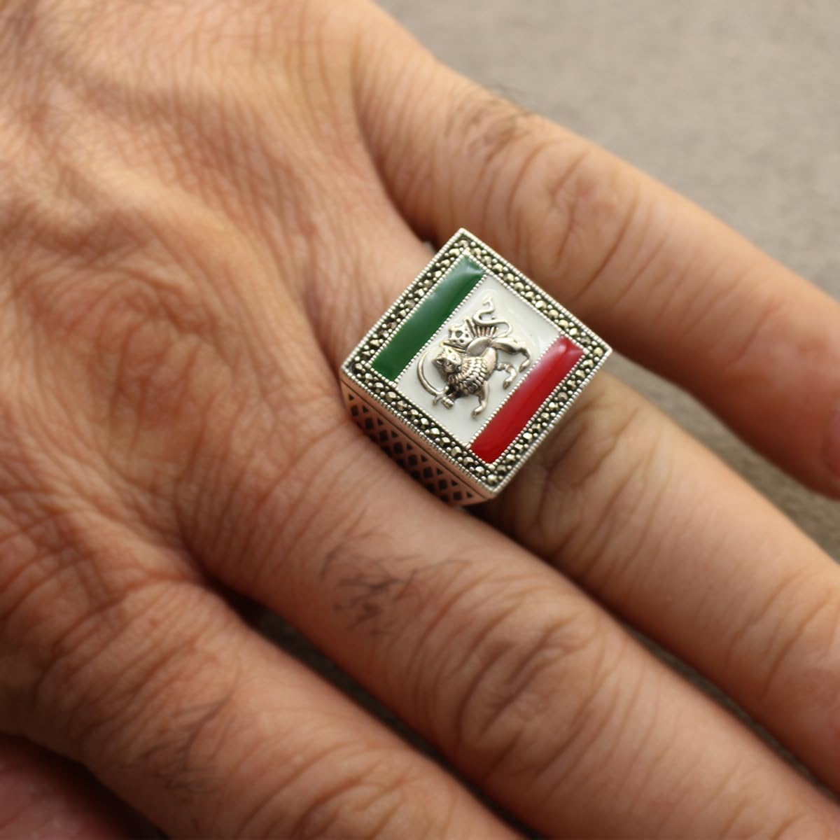Sterling Silver Pahlavi Shir Khorshid Lion and Son Pahlavi Flag Ring Size 11.5