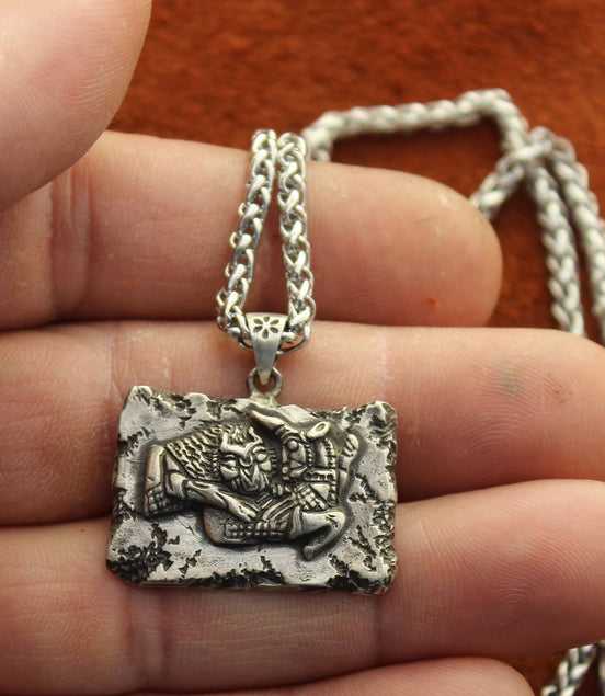 Sterling Silver Persian Empire Lion Bull Fight Achaemenid Iranian Necklace Pendant