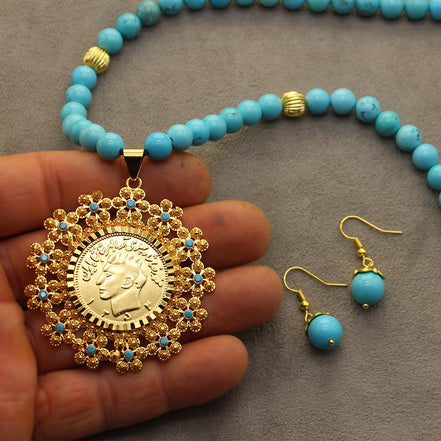Iranian Turquoise Pahlavi Kingdom Medallion Coin Necklace Earrings