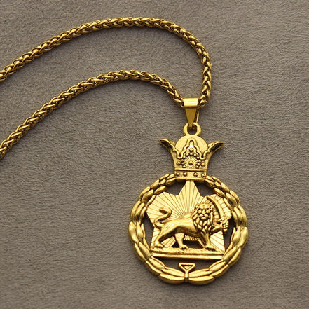 Iranian Persian Pahlavi Lion Sun Shir Khorshid Crown Necklace