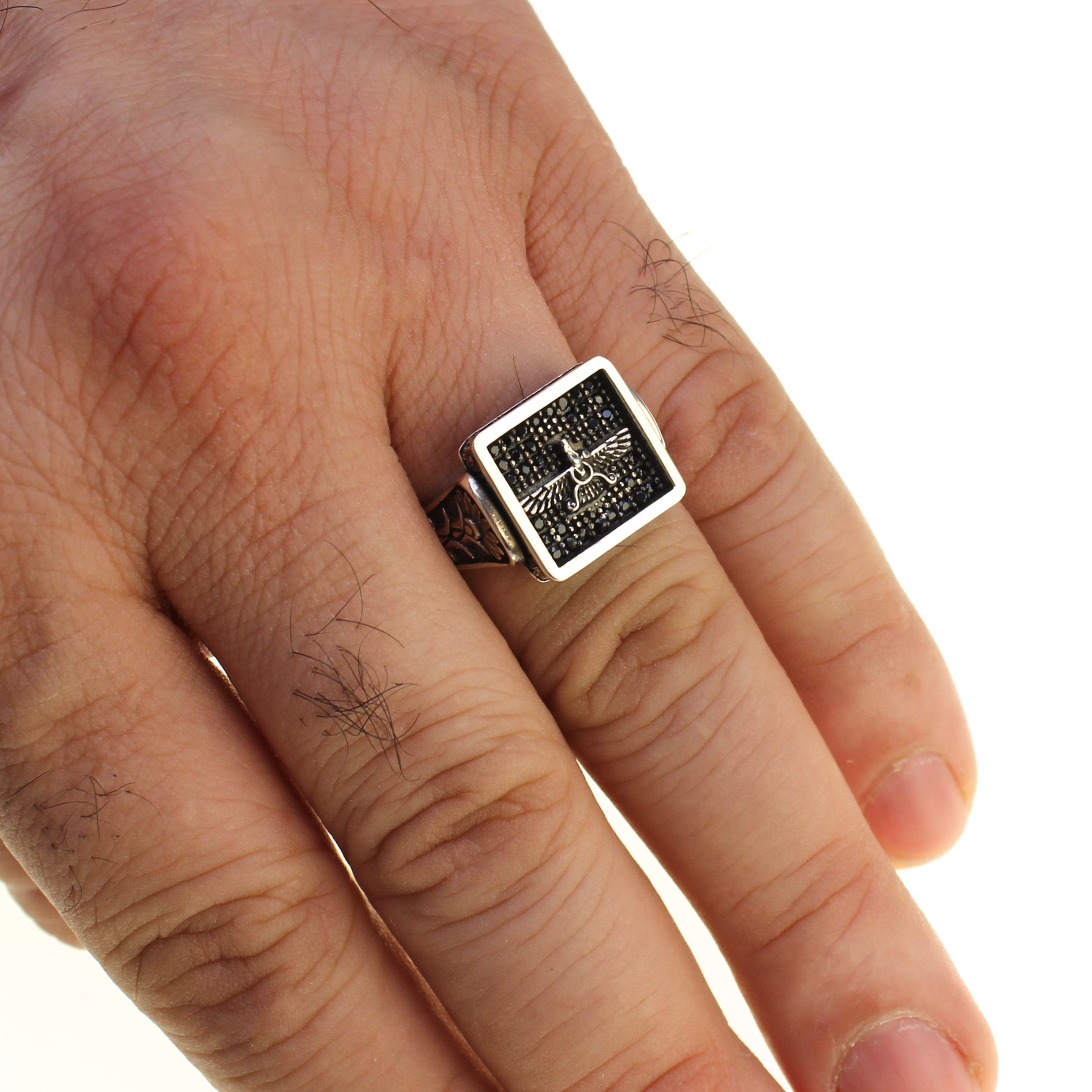 Sterling Silver Farvahar Faravahar Persian Zoroastrian Onyx Ring Size 10