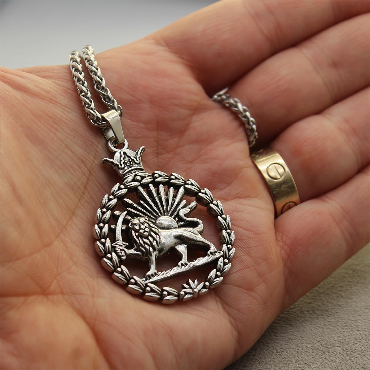 Double Sided Lion and Sun Persian Shir khorshid Pahlavi Necklace Chain
