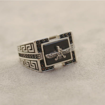 Sterling Silver Farvahar Faravahar Onyx Persian Zoroastrian Ring Size 10.5