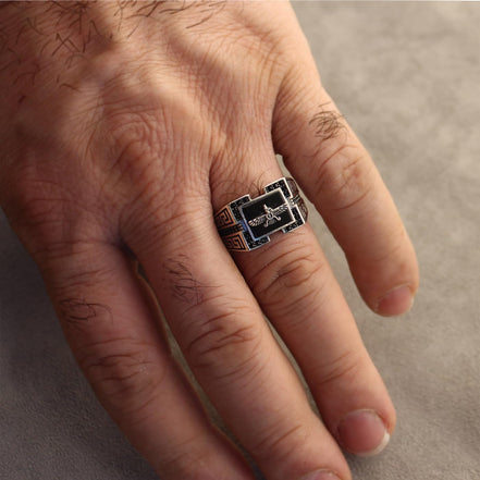 Sterling Silver Farvahar Faravahar Onyx Persian Zoroastrian Ring Size 10.5