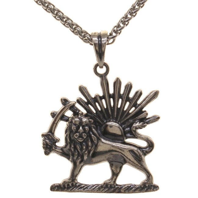 Sterling Silver Lion Sun Shir Khorshid Persian Pahlavi Necklace Pendant Chain