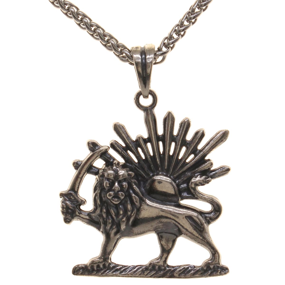 Sterling Silver Lion Sun Shir Khorshid Persian Pahlavi Necklace Pendant Chain
