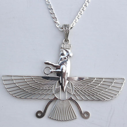 Sterling Silver Double Sided Farvahar Faravahar Necklace Chain Pendant