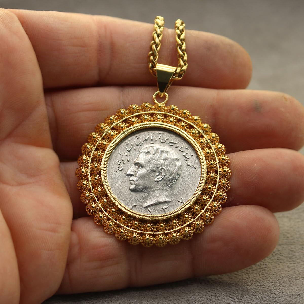 Iranian Persian Vintage Pahlavi Coin Shir Khorshid Lion Sun Necklace