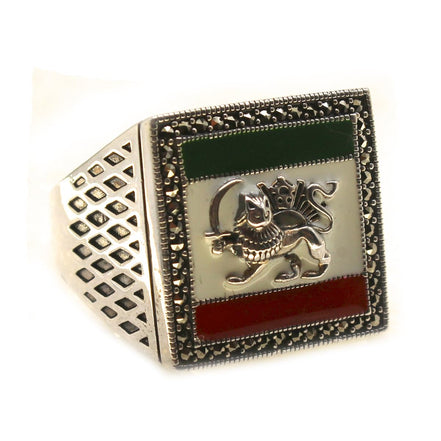 Sterling Silver Pahlavi Shir Khorshid Lion and Son Pahlavi Flag Ring Size 11.5