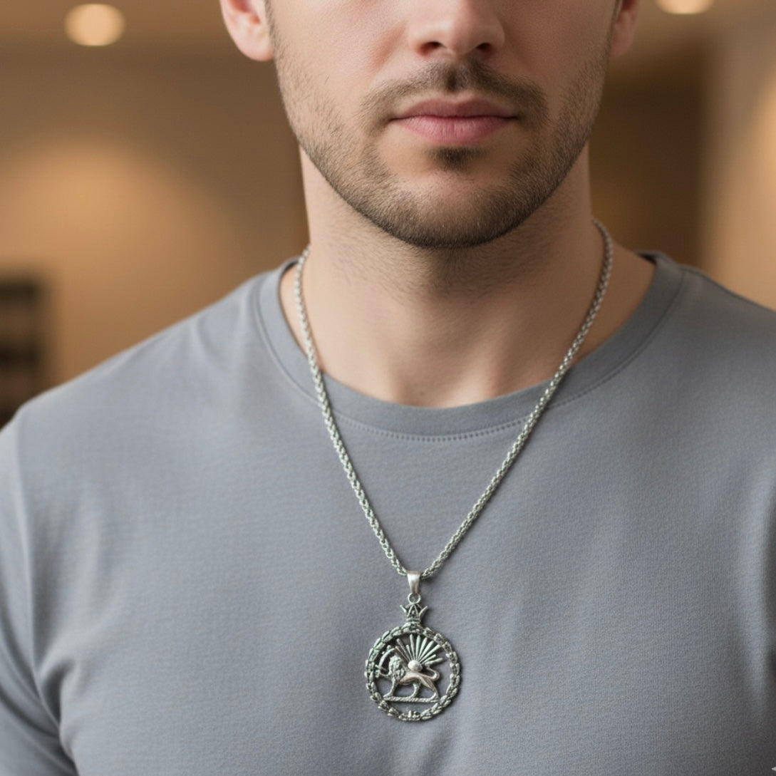 Iranian Persian Pahlavi Lion and sun Shiro Khorshid Necklace