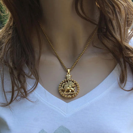 Iranian Persian Pahlavi Lion and sun Shiro Khorshid Necklace