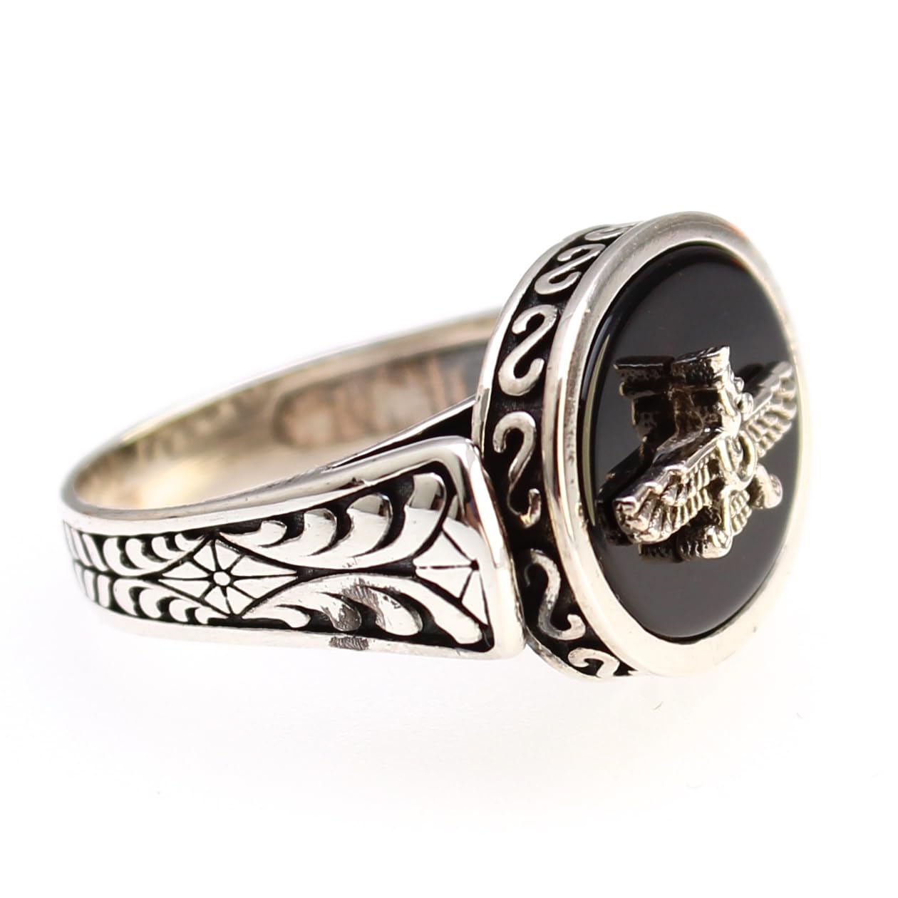 Handcrafted Sterling Silver Farvahar Faravahar Onyx Persian Zoroastrian Ring Size 8.5