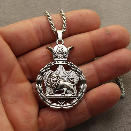 Iranian Persian Pahlavi Lion Sun Shir Khorshid Crown Necklace